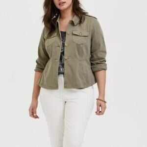 Torrid Twill Peplum Utility Jacket Women's 2X Army Green Button Front Stretch